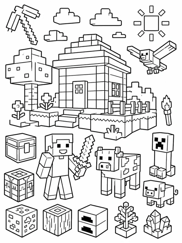 Cute a blocky voxel building and survival adventure coloring page printable line art