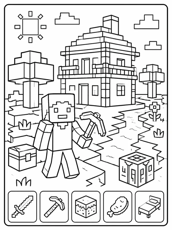 Clean a blocky voxel building and survival adventure coloring page printable line art
