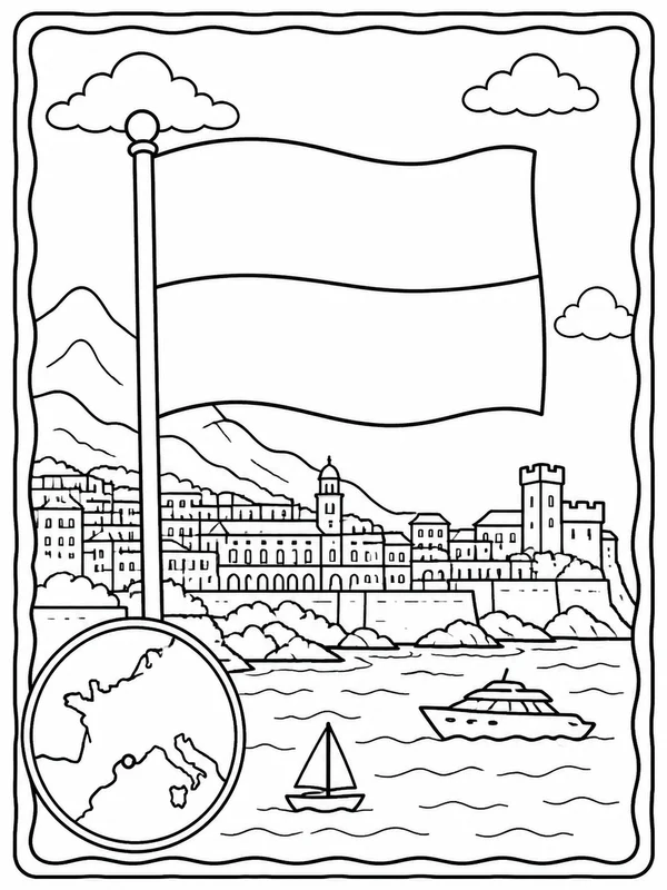 Large Monaco flag outline centered on a landscape worksheet printable line art