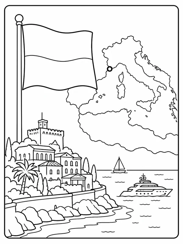 Monaco flag beside a simple Mediterranean coastline and map coloring page printable line art