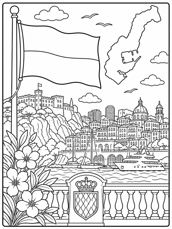 More detailed monaco flag and geography scene coloring page printable line art
