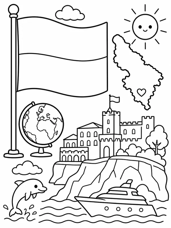 Cute monaco flag and geography coloring page printable line art