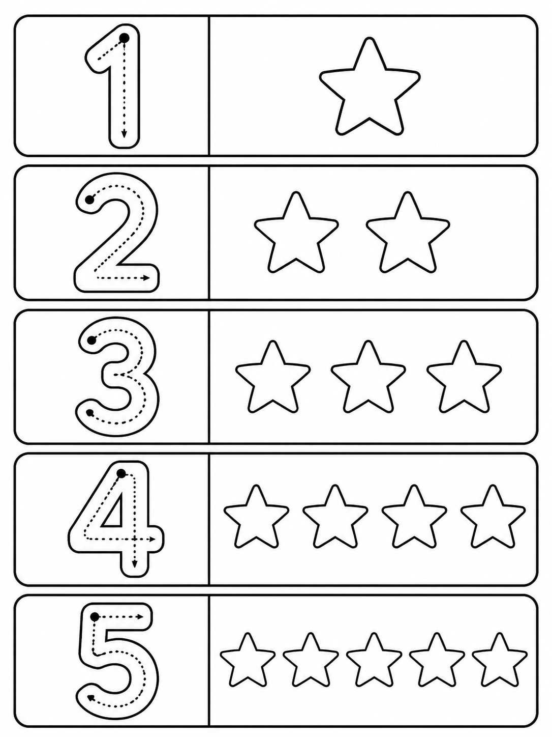 Numbers 1 to 5 with counting stars and simple outline boxes coloring page printable line art