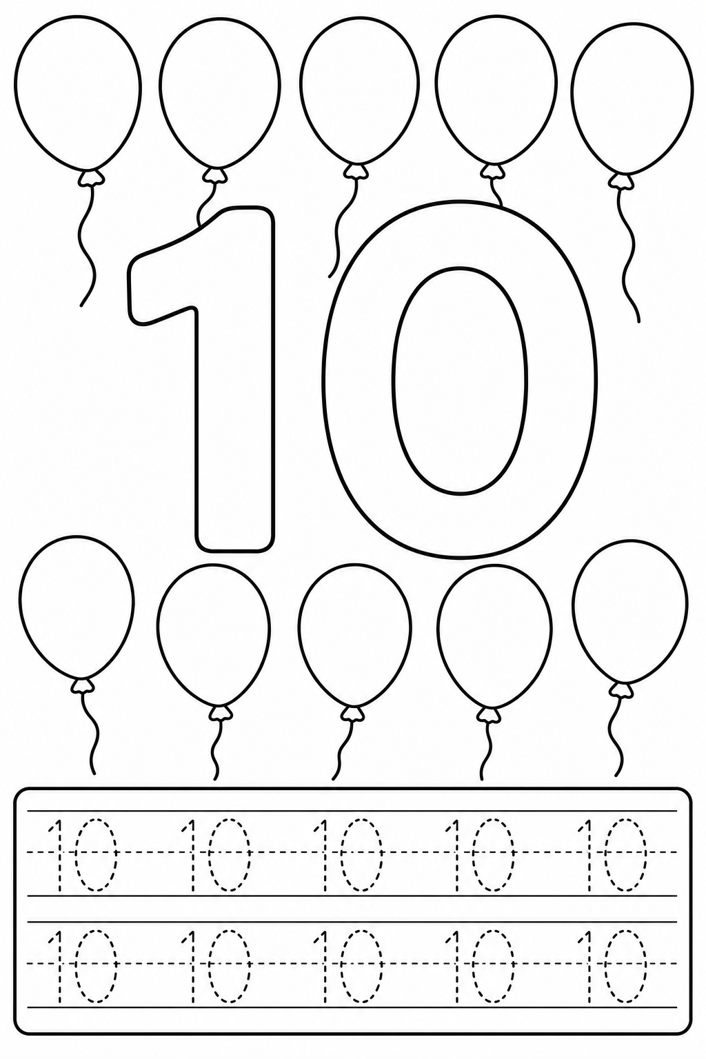 Number 10 with ten balloons and a tracing practice area coloring page printable line art