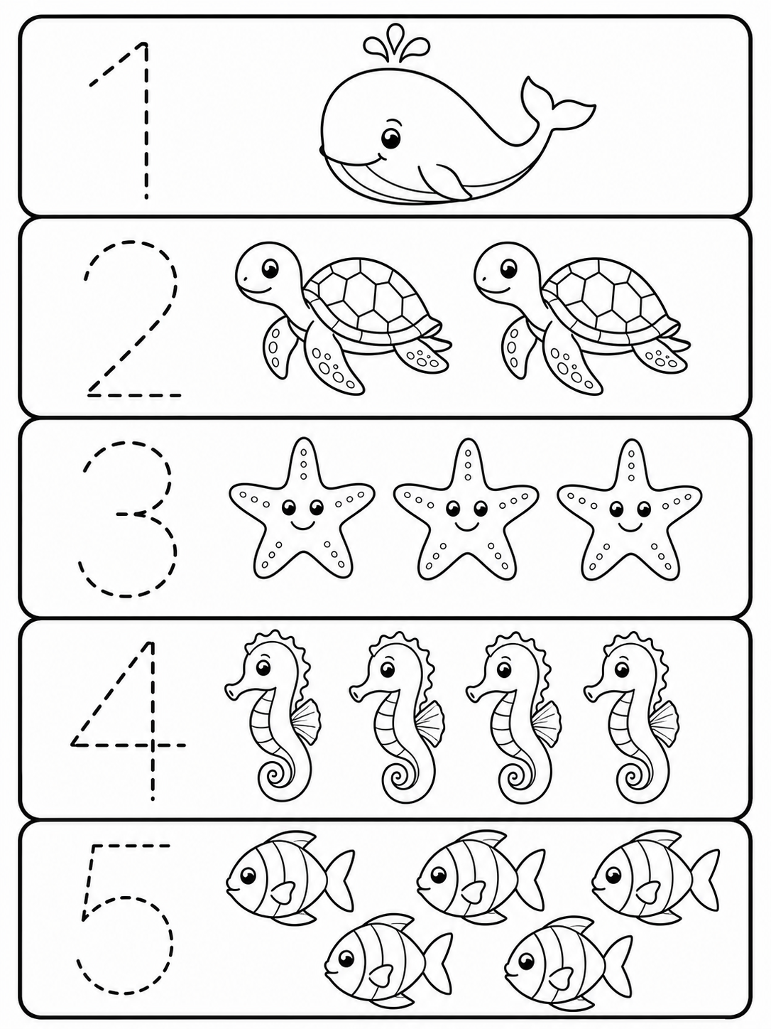 Animales marinos para contar y trazar números para colorear en blanco y negro listo para imprimir