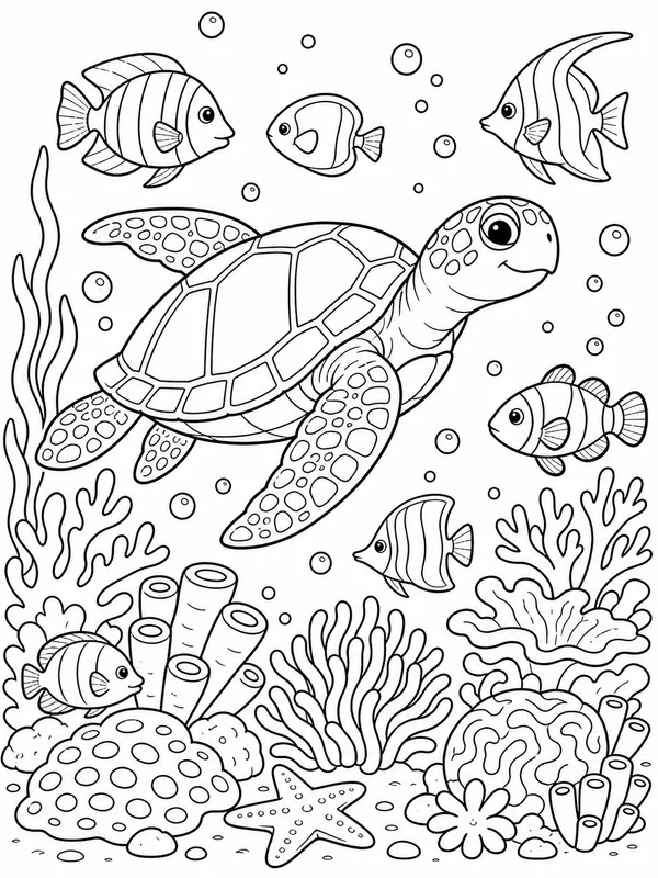 Sea turtle swimming through a coral reef coloring page printable line art
