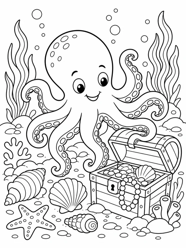 Friendly octopus exploring shells coloring page printable line art