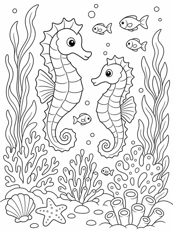 Two seahorses floating among kelp, coral, and tiny fish coloring page printable line art