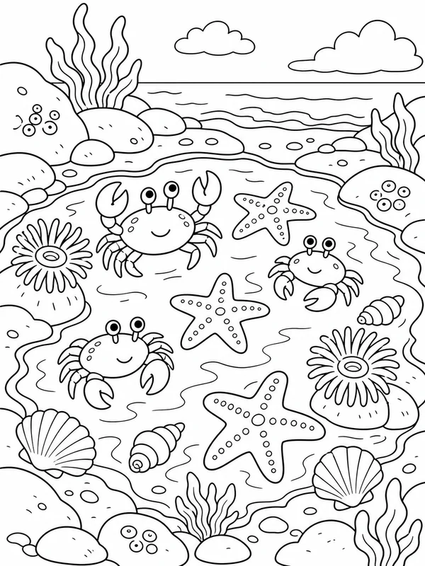 Beach tide pool filled coloring page printable line art