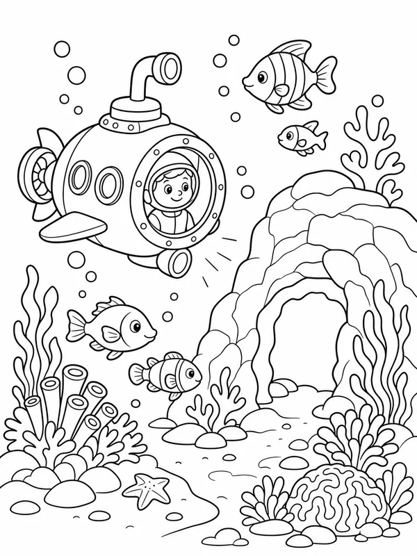 Small research submarine passing fish coloring page printable line art