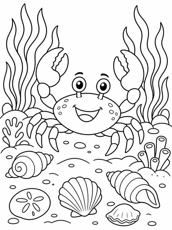 Cheerful crab on the seafloor surrounded by shells and waving coloring page printable line art