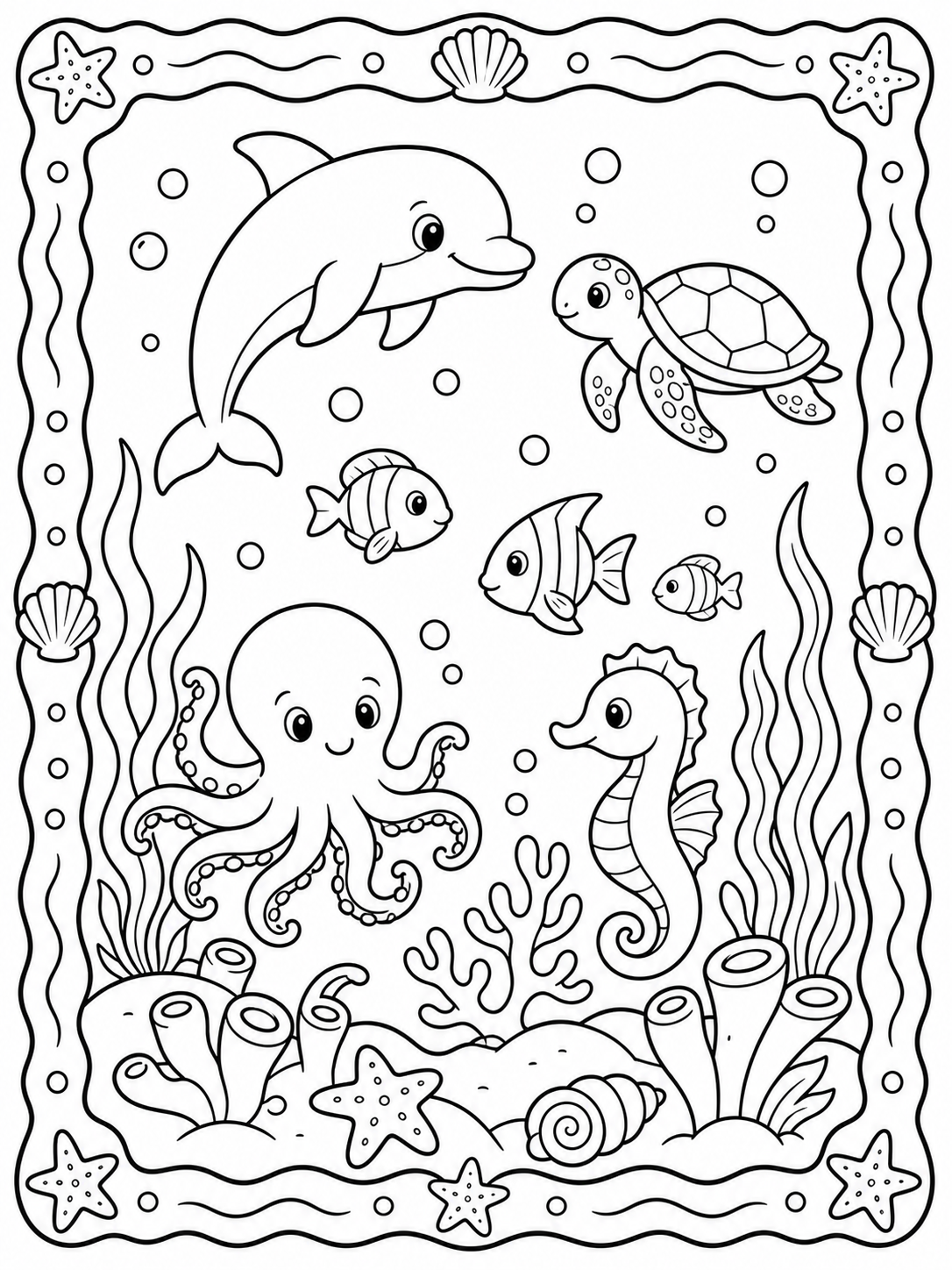 Diseño imprimible de océano y animales marinos para colorear en blanco y negro listo para imprimir