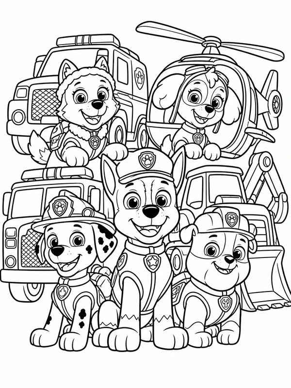 Rescue puppies posing together with their vehicles coloring page printable line art