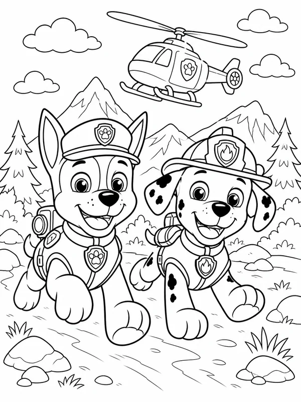 Police puppy and firefighter puppy beginning a friendly rescue coloring page printable line art