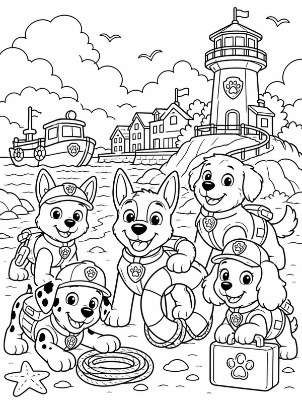 Rescue puppy team helping a seaside town coloring page printable line art
