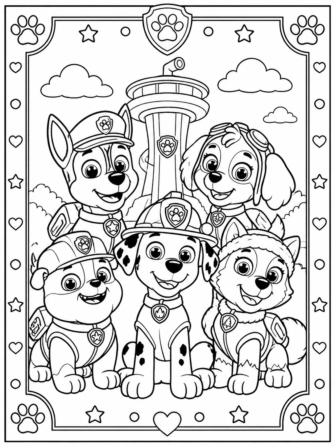 Diseño imprimible de Paw Patrol para colorear en blanco y negro listo para imprimir