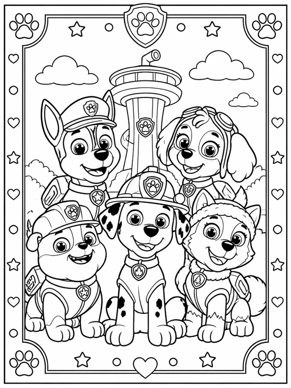 Printable a team of friendly rescue puppies sample printable line art