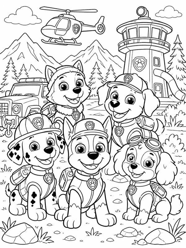 More detailed a team of friendly rescue puppies scene coloring page printable line art