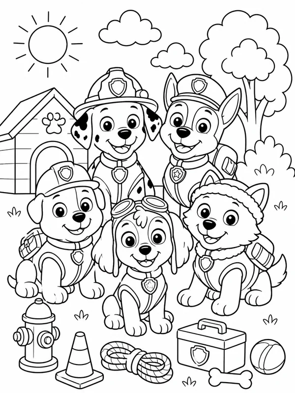 Cute a team of friendly rescue puppies coloring page printable line art