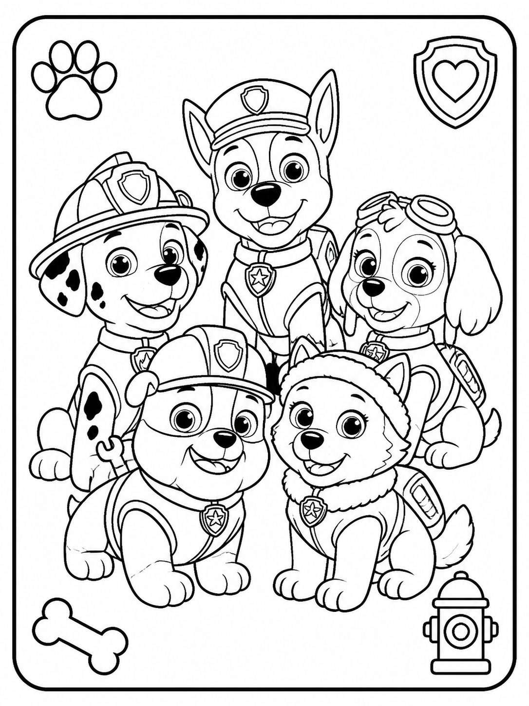 Escena de Paw Patrol para colorear en blanco y negro listo para imprimir