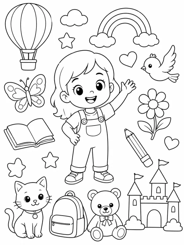 Personalized Story Coloring Pages: cute personalized story coloring pages pack starter page with varied objects arranged for easy coloring