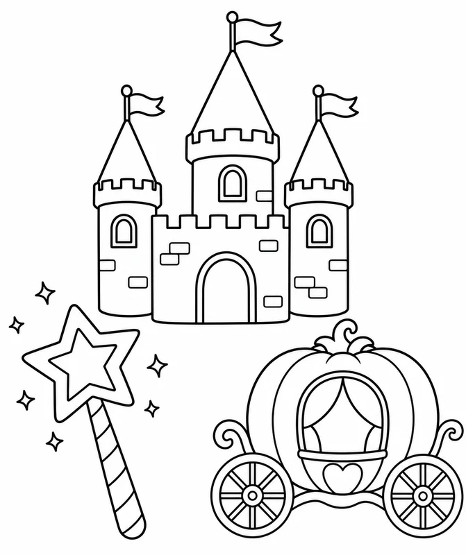 Personalized Story Coloring Pages: three large themed objects for personalized story coloring pages, centered on the page with thick printable outlines