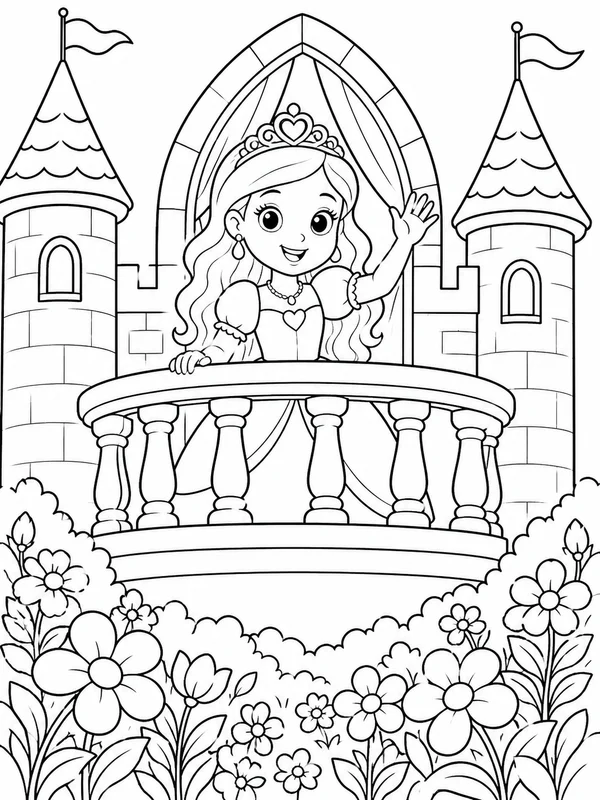 Young princess waving from a castle balcony above a flower coloring page printable line art