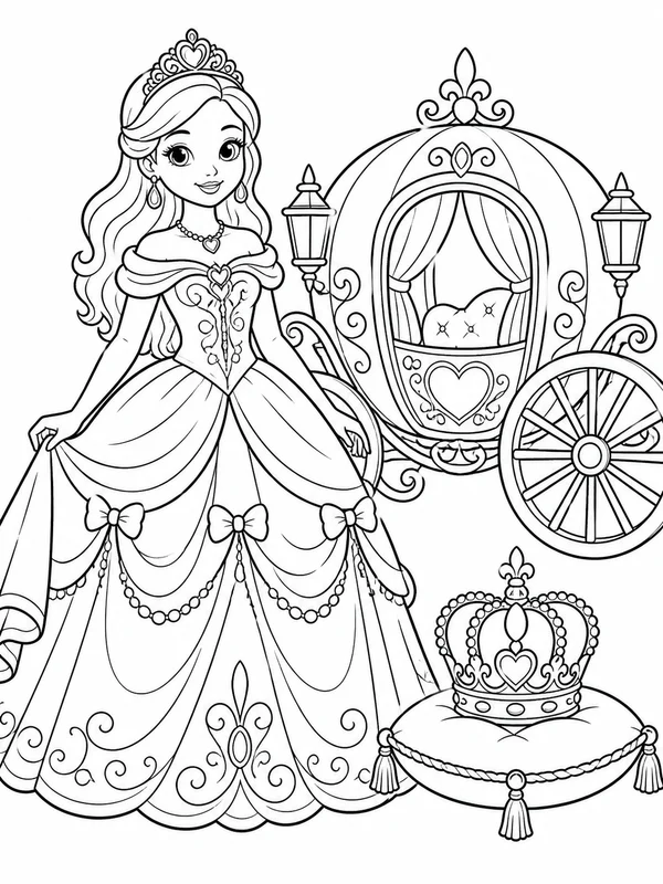 Princess in a detailed ball gown beside a crown and royal coloring page printable line art