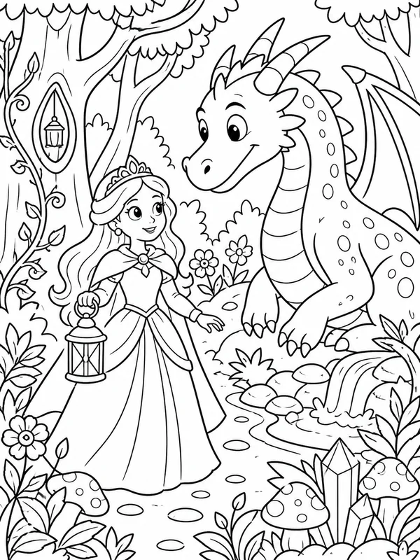 Brave princess exploring an enchanted forest coloring page printable line art