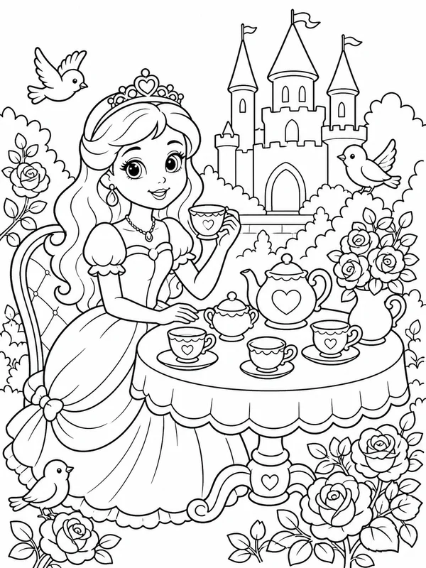 Princess hosting a tea party in a castle garden coloring page printable line art
