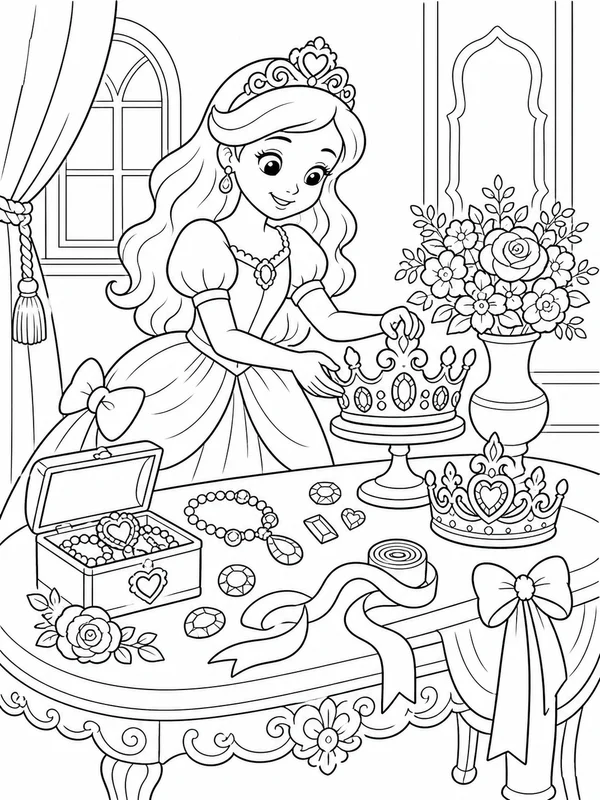 Princess arranging crowns coloring page printable line art