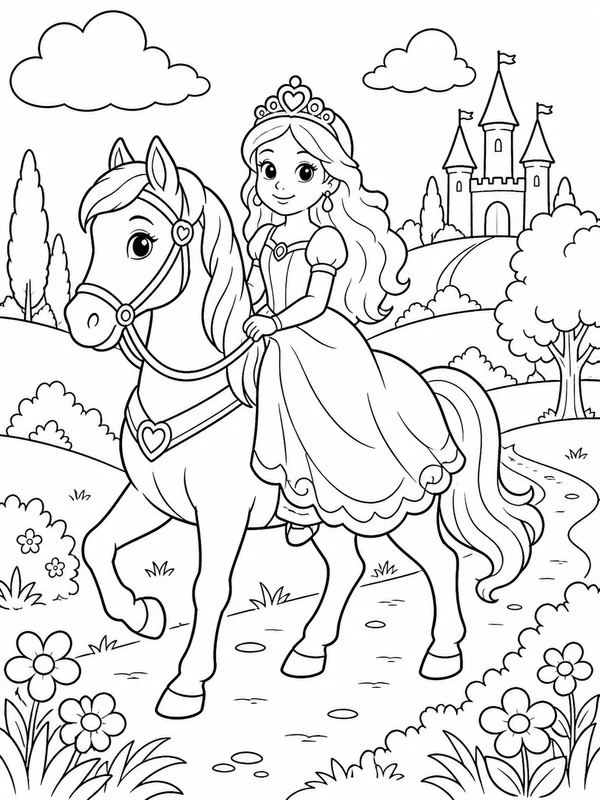 Princess riding a gentle horse through rolling countryside coloring page printable line art