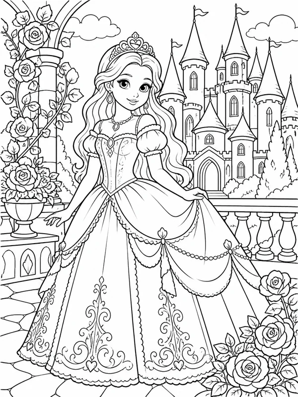 More detailed princess scene coloring page printable line art