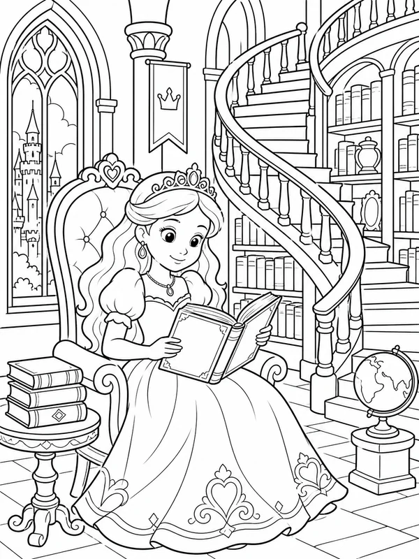 Princess reading in a tall castle library beside a spiral coloring page printable line art