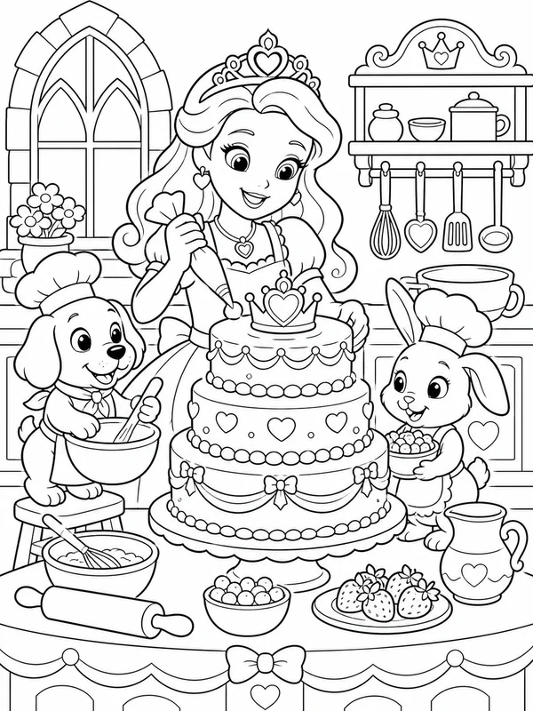 Princess baking a celebration cake with royal kitchen helpers coloring page printable line art
