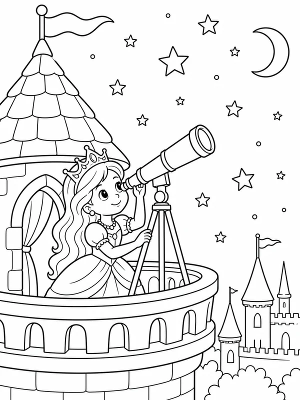 Princess watching stars from a castle tower with a telescope coloring page printable line art