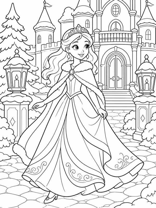 Storybook princess walking through a snowy palace courtyard coloring page printable line art