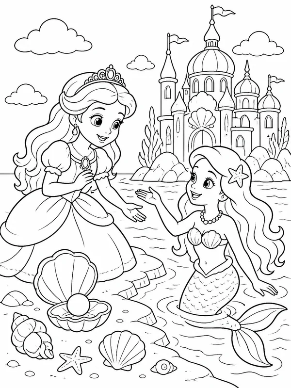 Princess meeting a mermaid friend beside shells and a seaside coloring page printable line art