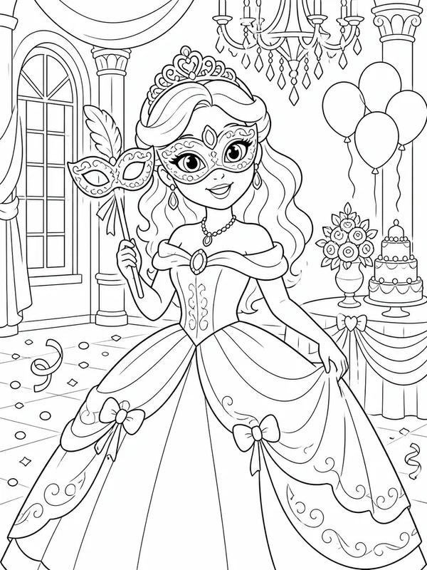 Princess wearing a mask at an elegant ballroom celebration coloring page printable line art