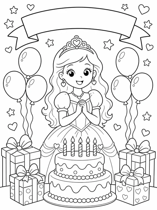 Princess birthday scene coloring page printable line art