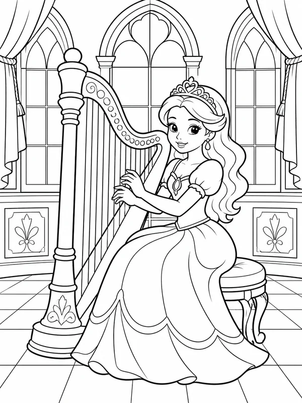 Princess playing a harp in a music room coloring page printable line art