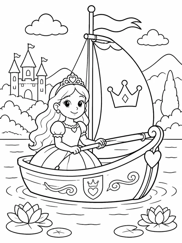 Princess sailing a small royal boat across a calm lake coloring page printable line art