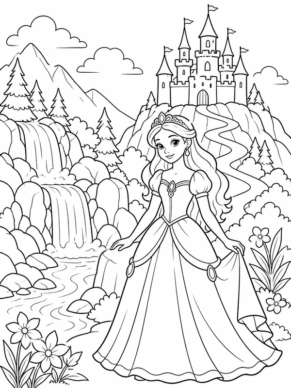 Mountain princess standing beside waterfalls and a hilltop coloring page printable line art