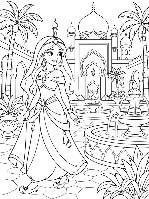 Desert princess exploring a palace courtyard coloring page printable line art