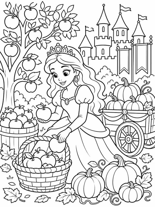 Princess gathering apples and pumpkins at a royal autumn coloring page printable line art