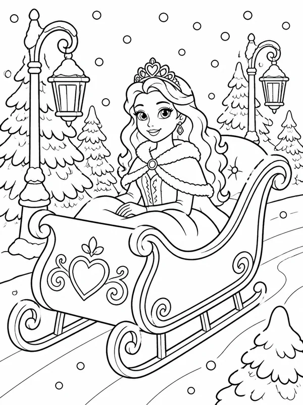 Princess riding in a sleigh through snowy trees and lanterns coloring page printable line art