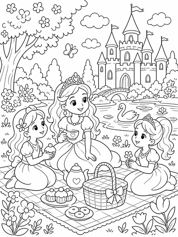 Princess enjoying a spring picnic coloring page printable line art