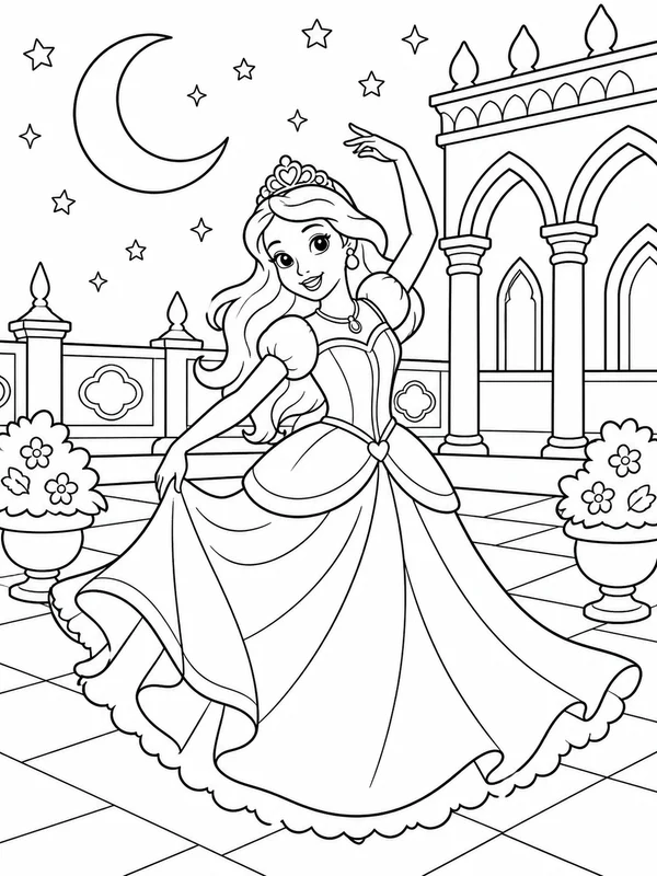 Princess dancing beneath the moon in an open palace courtyard coloring page printable line art