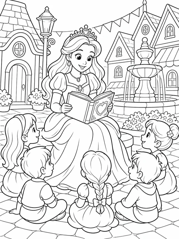 Princess reading a story to children in a village square coloring page printable line art