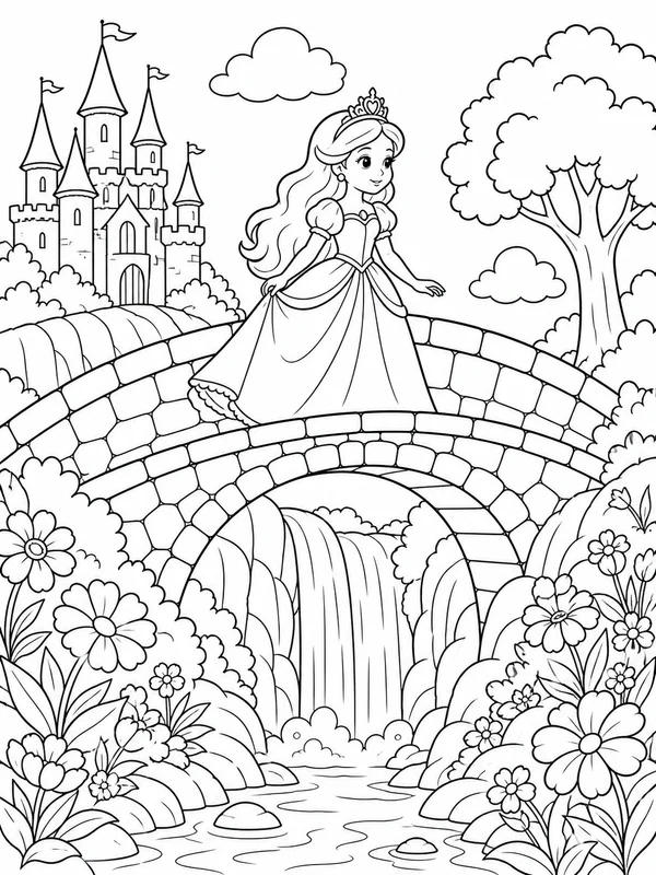 Princess crossing a stone bridge above a waterfall and flower coloring page printable line art